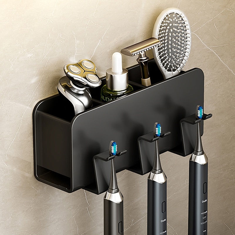 Black Toothbrush Rack Bathroom Toilet Non Perforated Wall Mounted Electric Mouthwash Cup Brush Cup Wall Mounted Space Aluminum Storage Rack4