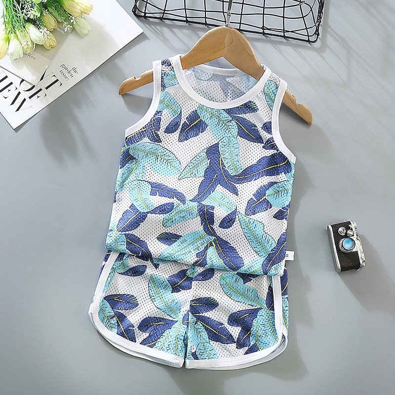 2 Pieces Toddler Boys Tank & Shorts Outfit Animal Cartoon Sleeveless Cotton Set Outdoor Fashion Daily Summer Spring 3-7 Years Blue dinosaur feather car3