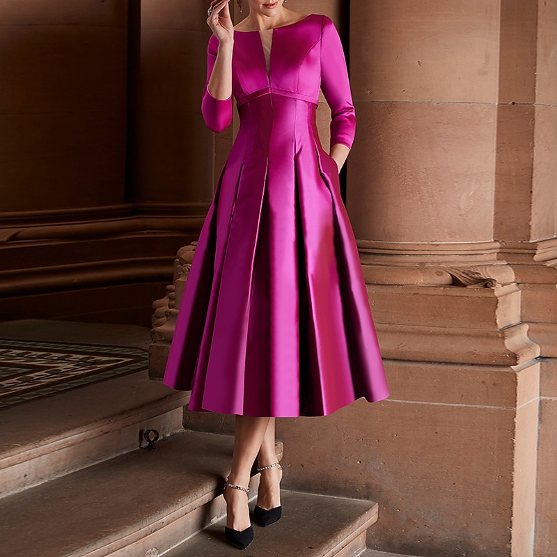A-Line Cocktail Dresses Elegant Dress Wedding Guest Party Wear Tea Length 3/4 Length Sleeve Jewel Neck Fall Wedding Guest Satin with Pleats Dresses