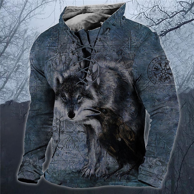 Men's Wolf Graphic Prints Sweatshirt Pullover Long Sleeve Sweatshirt Standing Collar Streetwear Designer Basic 3D Print Sports & Outdoor Casual Daily Lace up Spring &  Fall2