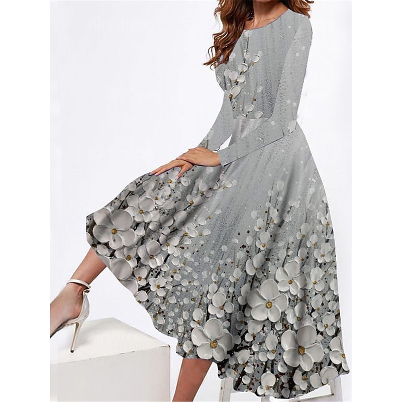 Women's Midi Dress Casual Dress Winter Dress Swing Dress Fashion Modest Formal Outdoor Party Regular Fit Floral Long Sleeve Crew Neck Gray Spring Fall Winter Autumn