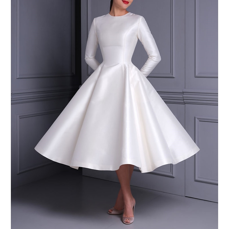 Bridal Shower Vintage 1940s / 1950s Little White Dress Bridal Shower Dresses Simple Wedding Dresses A-Line Scoop Neck Long Sleeve Tea Length Satin Bri