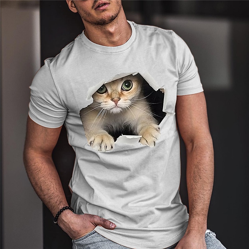 Men's Graphic Animal Cat T Shirt Tee Funny T Shirts Short Sleeve T shirt 3D Print Crew Neck Shirt Vintage Fashion Designer Outdoor Casual Daily Blue Orange Gray Spring & Summer Clothing Apparel S M L2
