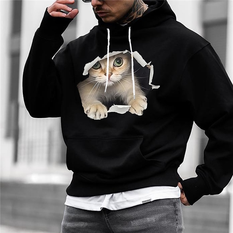 Men's Animal Cat Graphic Prints Hoodie Hoodies Sweatshirt Streetwear Designer Long Sleeve Hooded Daily Sports Black White Print Spring &  Fall Designer2
