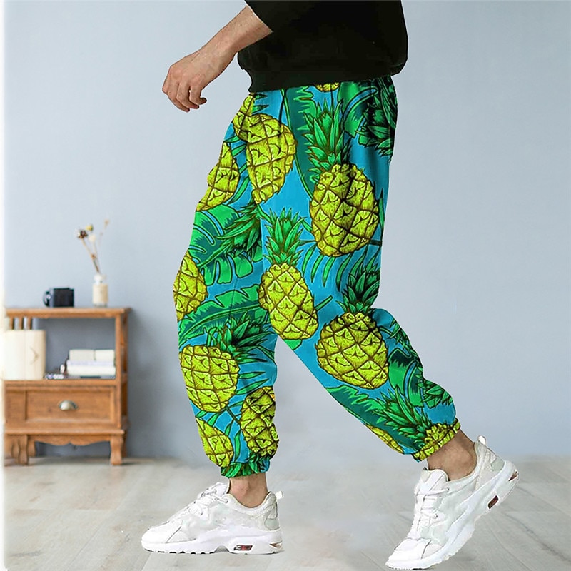 Men's Trousers Summer Pants Bloomers Baggy Harem Pants Drawstring Elastic Waist Fruit Pineapple Graphic Prints Comfort Casual Daily Holiday Cotton Blend Sports Designer Yellow Blue Micro-elastic2