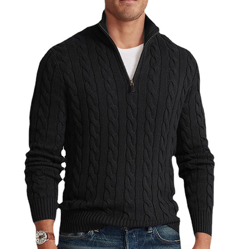 Men's Sweater Zip Sweater Quarter Zip Pullover Sweater Pullover Ribbed Cable Knit Cropped Knitted Plain Half Zip Fashion Streetwear Outdoor Daily Wear Clothing Apparel Fall & Winter Black Blue S M L2