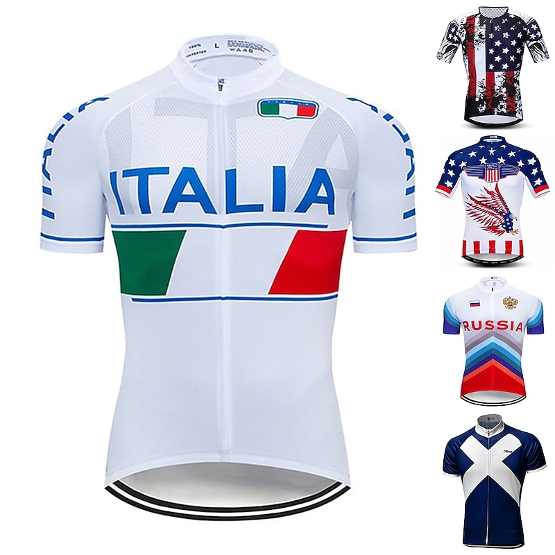 Men's Cycling Jersey Patterned Italy National Flag Short Sleeve Bike Jersey Top with 3 Rear Pockets Mountain Bike MTB Road Bike Cycling UV Resistant Quick Dry Back Pocket Sweat-Wicking Sports White