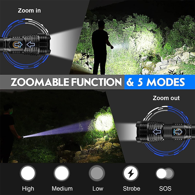 USB Rechargeable LED Flashlight, Tactical Torch Zoomable Waterproof 5 Lighting Modes Quad-core with XHP70.2 Lamp Bead for Camping Hiking2