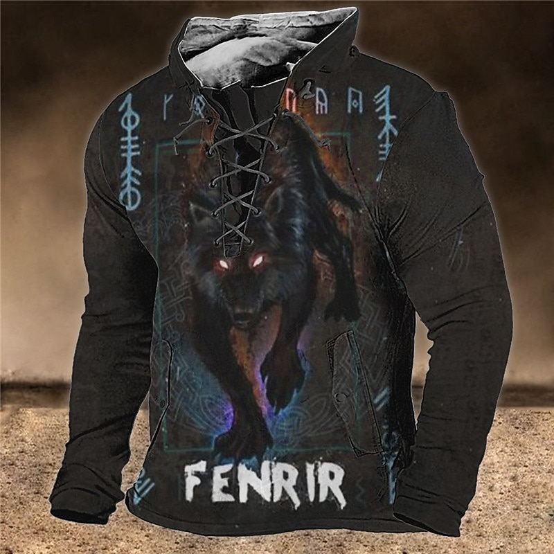 Men's Animal Wolf Graphic Prints Sweatshirt Pullover Long Sleeve Sweatshirt Standing Collar Streetwear Designer Basic 3D Print Sports & Outdoor Casual Daily Lace up Spring &  Fall2