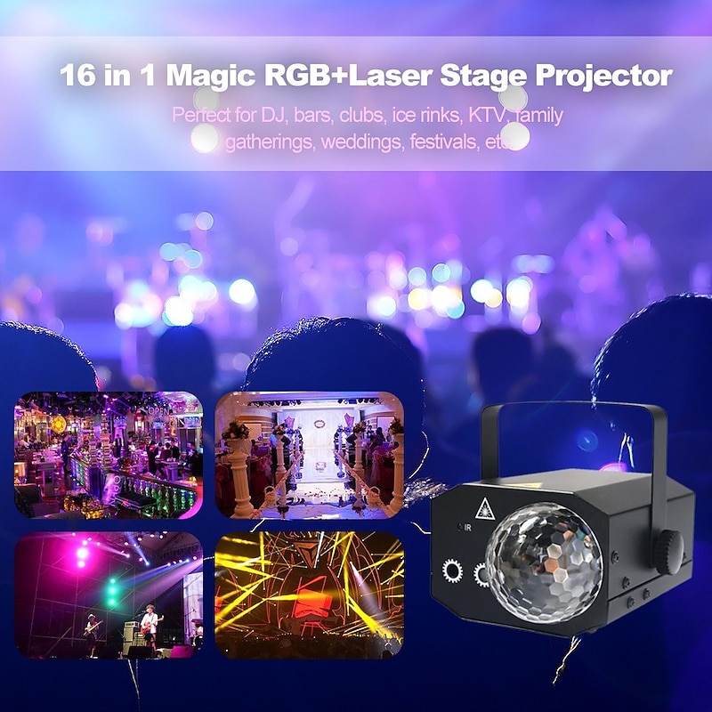 16 Patterns La-ser Projector RGB Stage Light Disco LED Magic Ball Party Lights Souns Active Music Center Strobe Lamp with Remote2