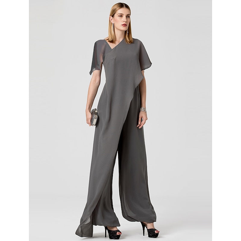 Jumpsuits Evening Gown Elegant Dress Summer Floor Length Short Sleeve V Neck Detachable Chiffon with Criss Cross3