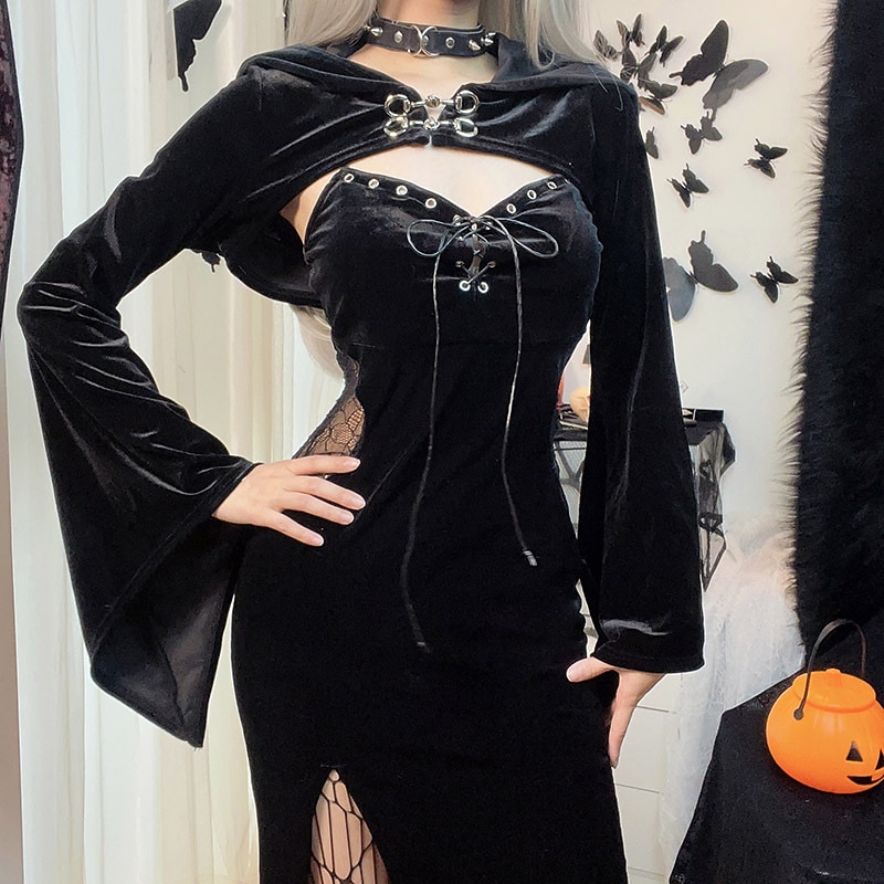 Punk & Gothic Sexy Costume Dress Cosplay Costume Slit Dresses Bell Sleeve Morticia Addams Fancy Dress Women's Fantasy Halloween Carnival Masquerade Party / Evening Club Adults' Dress4