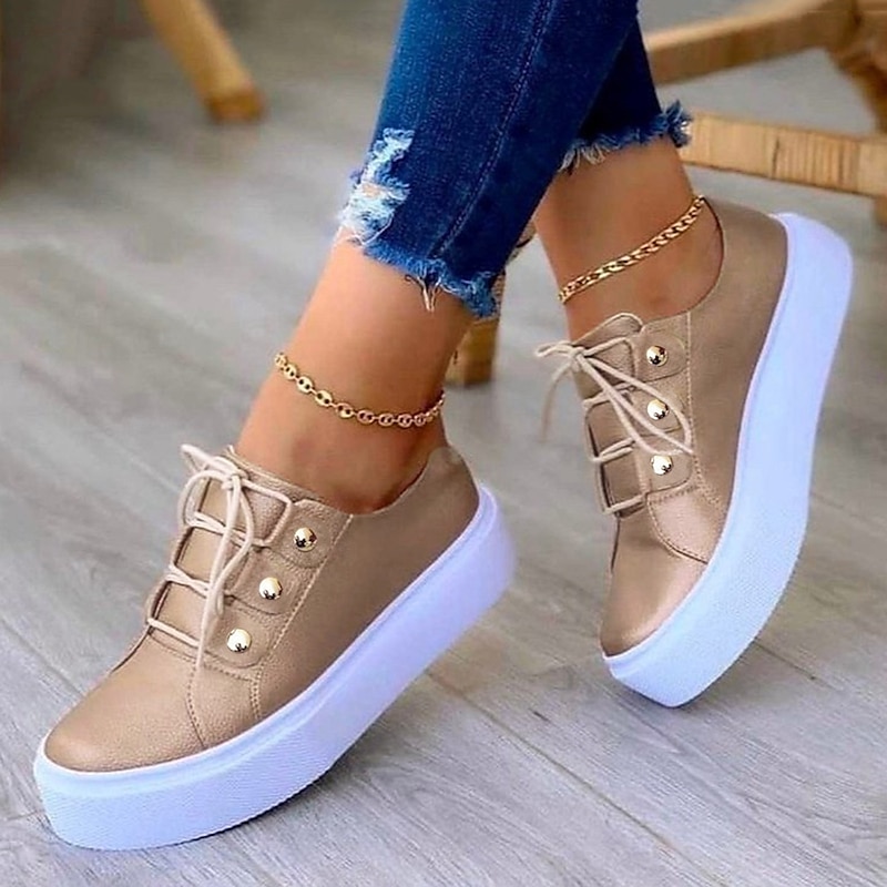 Women's White Platform Sneakers with Gold Button Details - Trendy Lace-Up Casual Shoes for Everyday Wear2