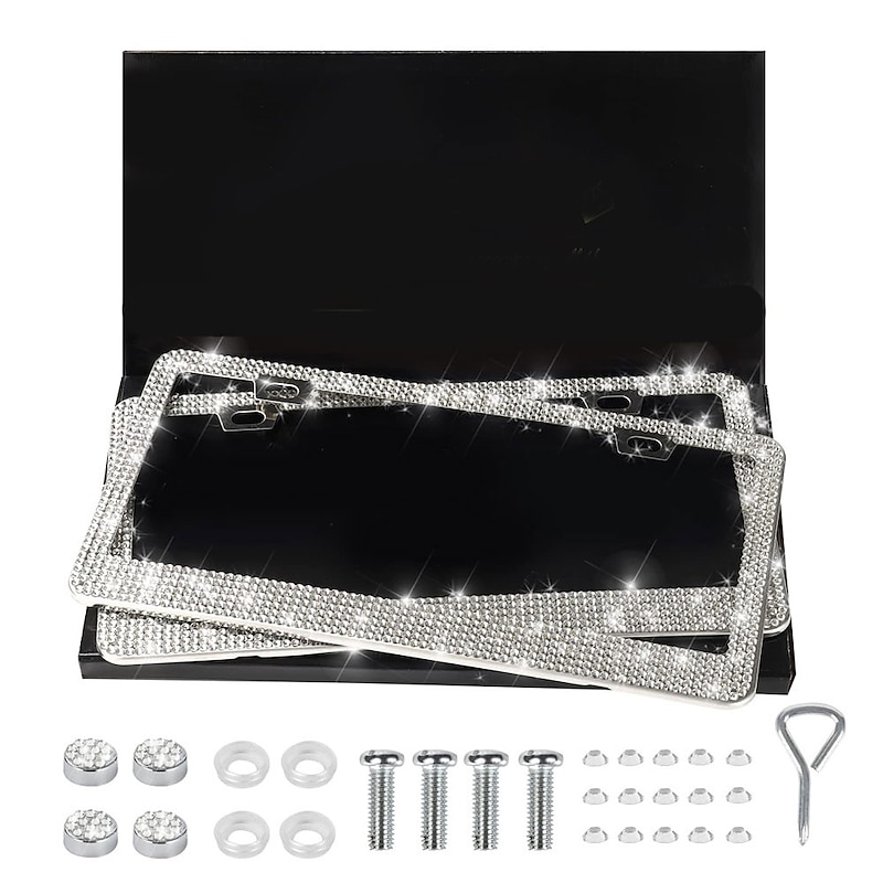 2 Pack Bling License Plate Frames for Women Sparkly Rhinestone Diamond Car Accessories for Women Handcrafted Stainless Steel Car License Plate Cover with Glitter Crystal Caps