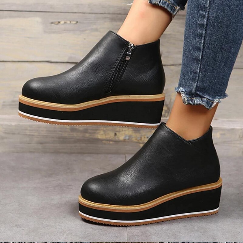 Chic Women's Black Platform Wedge Ankle Boots - Casual and Trendy Footwear for Everyday Wear2