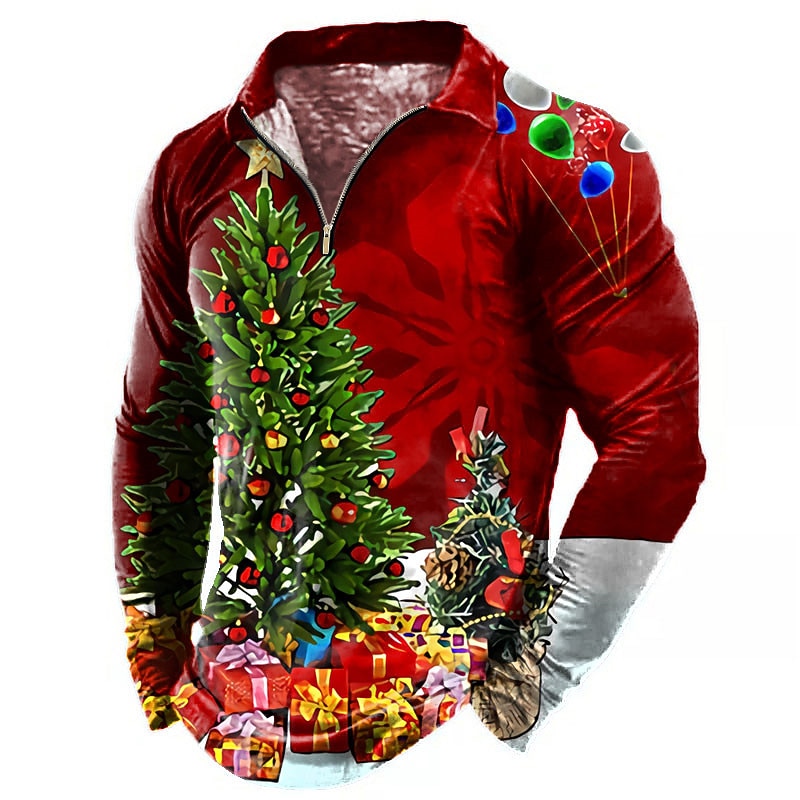 Christmas Men's Christmas tree 3D Zipper Polo Golf Tree Graphic Prints Snowflake Turndown Red 3D Print Street Long Sleeve Zipper Print Clothing Apparel Fashion Designer Casual Soft