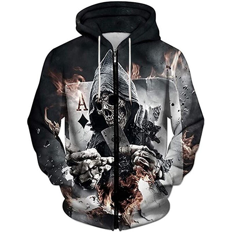 Men's Color Block Skull Graphic Prints Poker Hoodie Hoodies Sweatshirt Designer Sportswear Long Sleeve Hooded Casual Daily Sports Black And White Black Zipper Fall Spring &  Fall Designer4