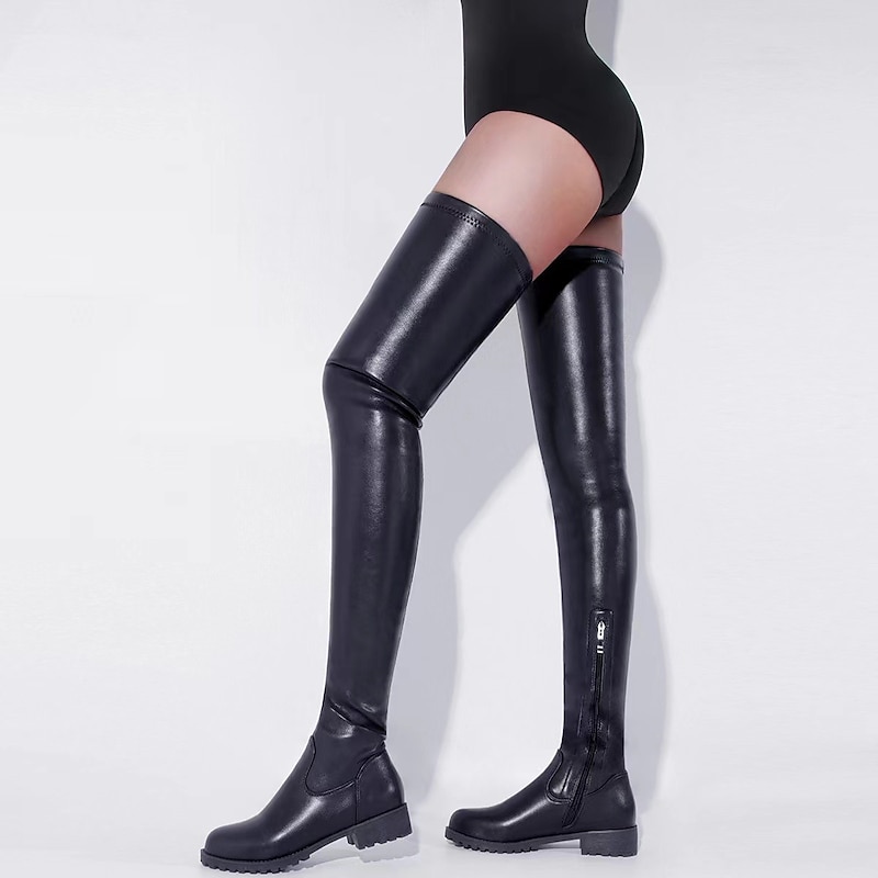 Women's Black Over-the-Knee Faux Leather Boots with Low Heel – Stylish Zip-Up Thigh High Boots for Fall and Winter Streetwear or Night Out