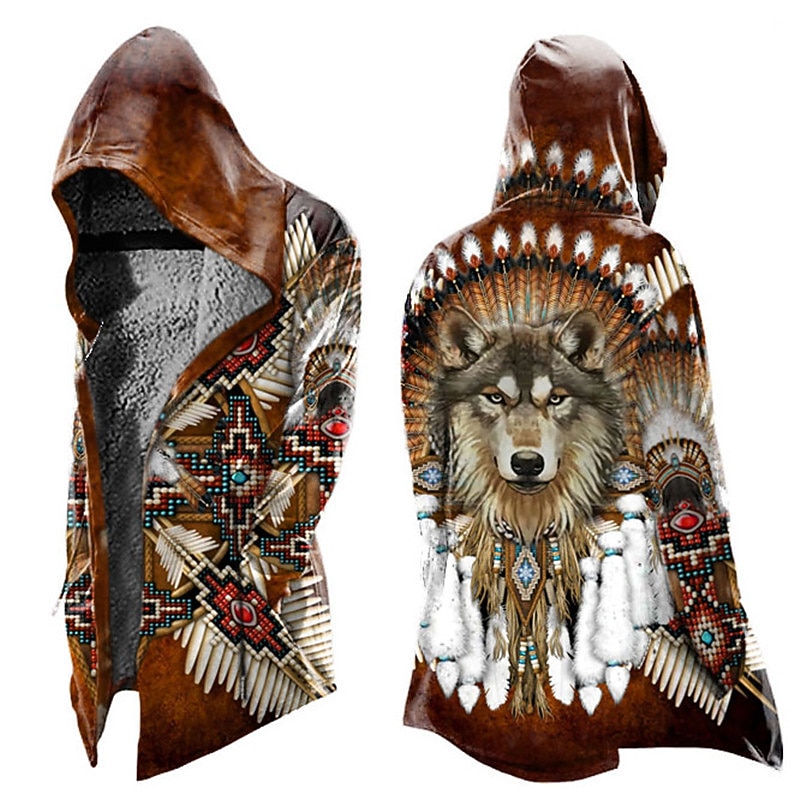 Men's Animal Wolf Graphic Prints Winter Coat Fleece Jacket Coat Warm Comfortable Breathable Streetwear Vintage Style Casual Daily Sports & Outdoor Daily Wear Going out Zipper Pocket Print Fall