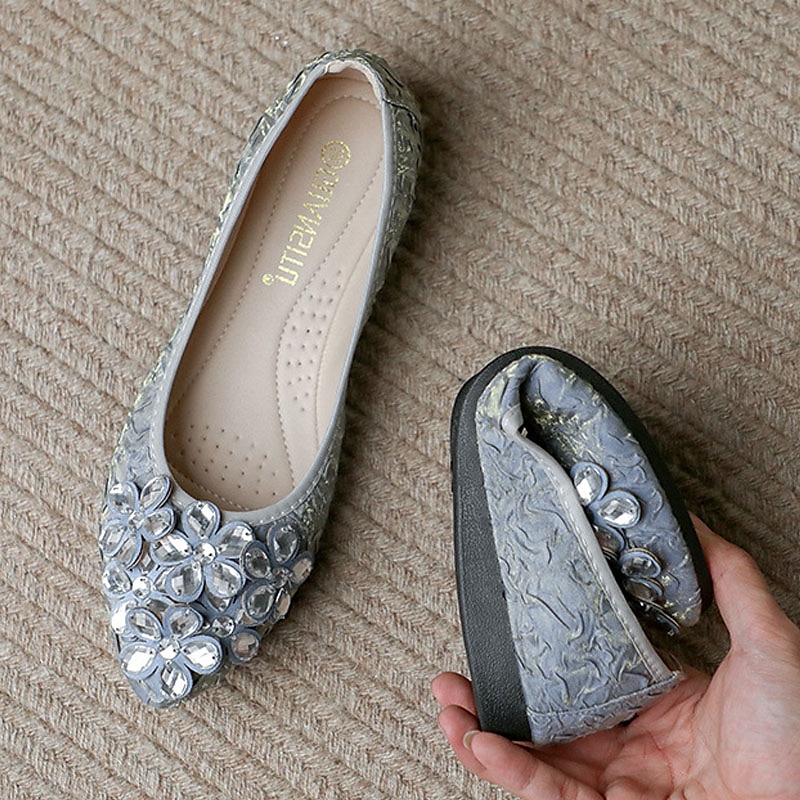 Women's Foldable Crystal Floral Embellished Wedding Flats - Comfortable Lightweight Travel Ballet Shoes