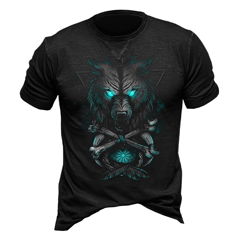 Mens Graphic Tee, Fierce Wolf Head with Glowing Eyes Print, Tribal Bones Design, Dark Blue Casual T-Shirt