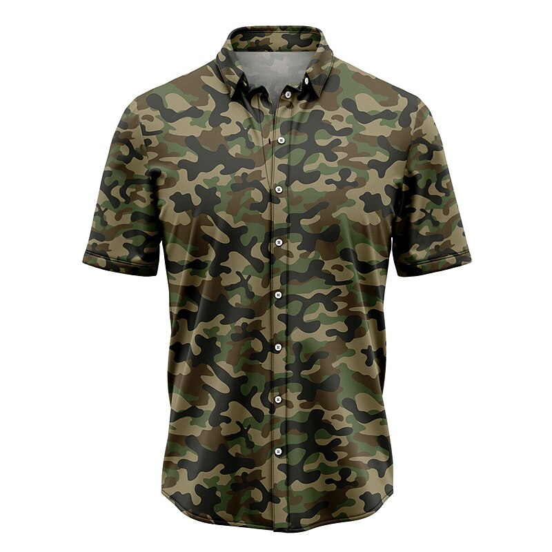 Men's Camo / Camouflage Shirt Button Up Shirt Short Sleeve Tropical Fashion Hawaiian Casual Holiday Beach Summer Spring Turndown Print Button-Down Khaki+Army Green Black / Purple Green Khaki