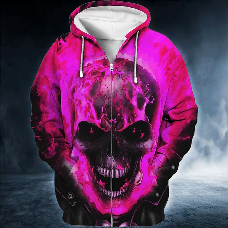 Men's Skull Graphic Prints Hoodie Hoodies Sweatshirt Streetwear Designer Long Sleeve Hooded Sports & Outdoor Daily Sports Pink Blue Zipper Print Spring &  Fall Designer4
