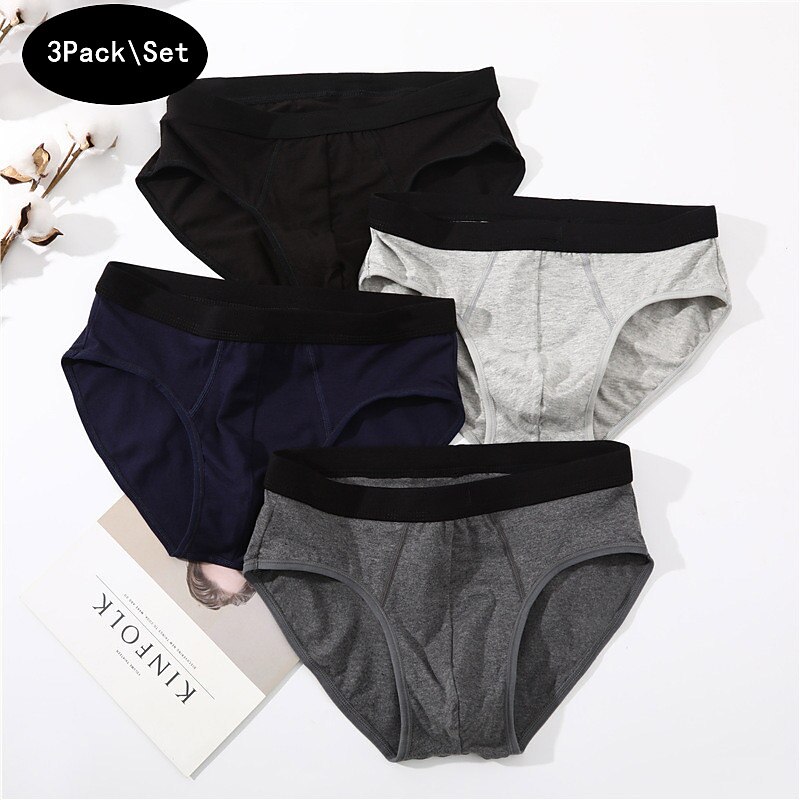 Men's 3 Pack Briefs 95% Cotton Breathable Soft Plain Mid Waist Black Red