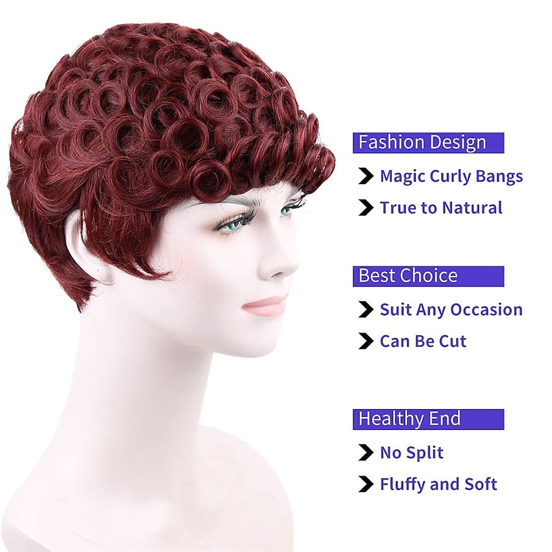 Short Curly Pixie Cut Wigs with Bangs Wine Red Color Short Human Hair Wigs for Black Women Cute Daily Wear Wig Burgundy 99J Color4
