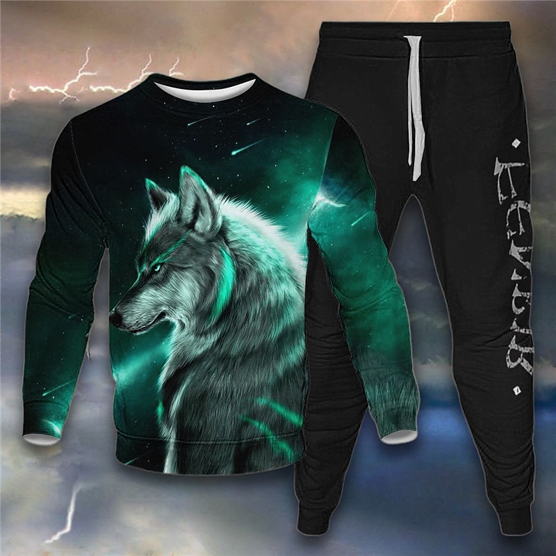Mens Graphic Hoodie Tracksuit Sweatsuit Hoodies Set Yellow Blue Purple Light Gray Crew Neck Animal Wolf 2 Piece Print Sports & Outdoor Casual 3D2