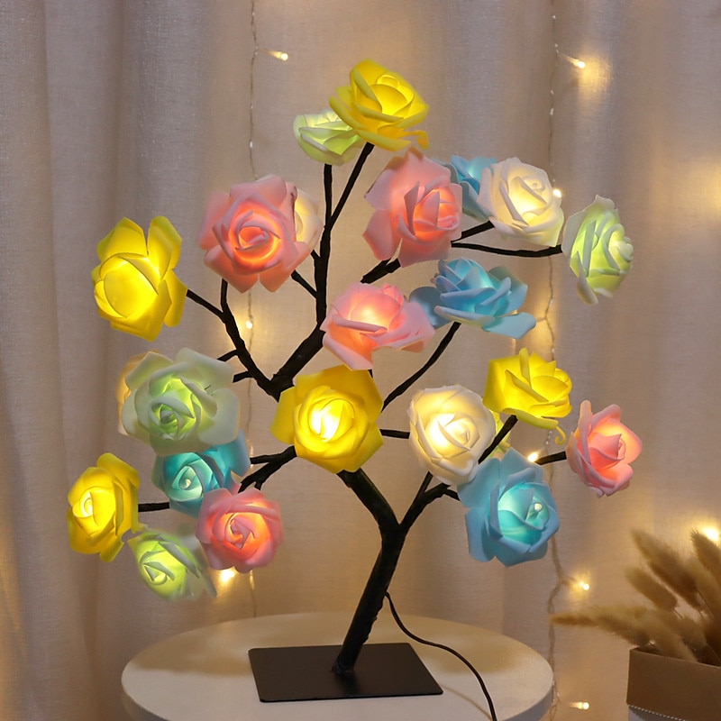 LED Rose Flower Table Lamp Valentine Tree Fairy Lights 24LED Rose Flower Tree Lights Valentine's Day USB Table Lamp Fairy Maple Leaf Night Light Home Party Christmas Wedding Bedroom Decoration Gift3