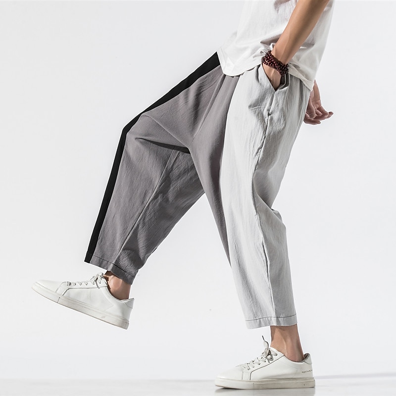 Men's Trousers Summer Pants Beach Pants Harem Pants Casual Pants Elastic Waist Print Color Block Stripe Comfort Breathable Casual Daily Streetwear Sports Fashion Loose Fit Light Grey Dark Gray2