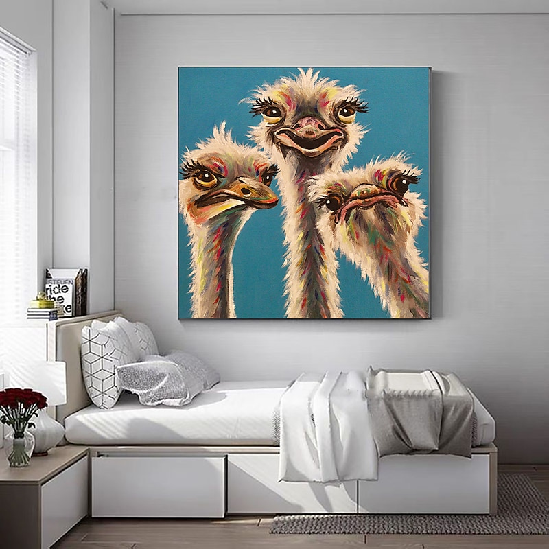 Handmade Oil Painting Canvas Wall Art Decoration Modern Cute Animal Ostrich Family for Home Decor Rolled Frameless Unstretched Painting4