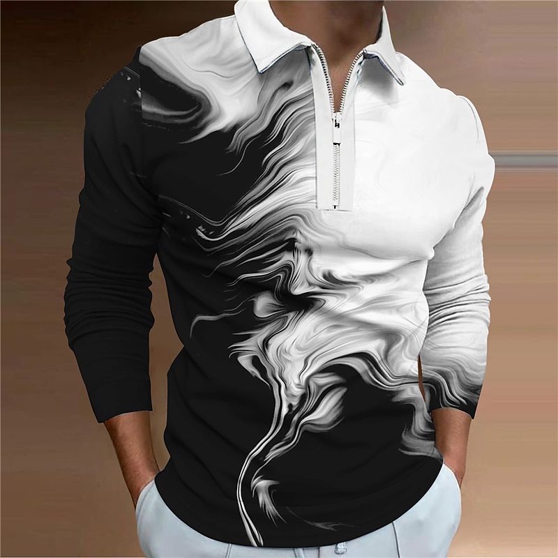 Men's Graphic Zip Polo Shirts Golf Shirt Long Sleeve Polo Shirts Collared Shirts Casual Vacation Wear Rave Wear Party Outfits 3D Print Quarter Zip Polo Black White Blue