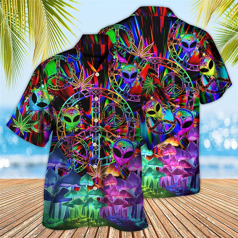 Men's Colorful Mushroom Alien Shirt Summer Hawaiian Shirt Aloha Shirt Short Sleeve Shirt Turndown Tropical Fashion Hawaiian Casual Hawaiian Holiday Red Blue Purple S M L