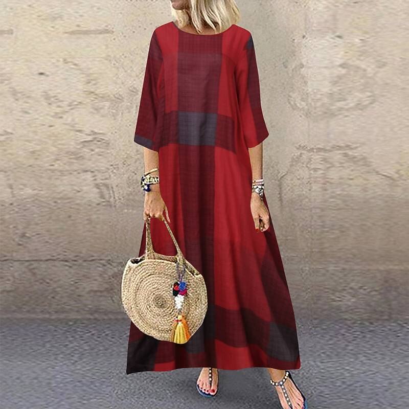 Women's Red Khaki Dark Blue Summer Spring Maxi Dress Linen-Inspired Dresses Casual Dress Fashion Casual Outdoor Daily Going out Loose Fit Plaid Crew Neck Boat Neck