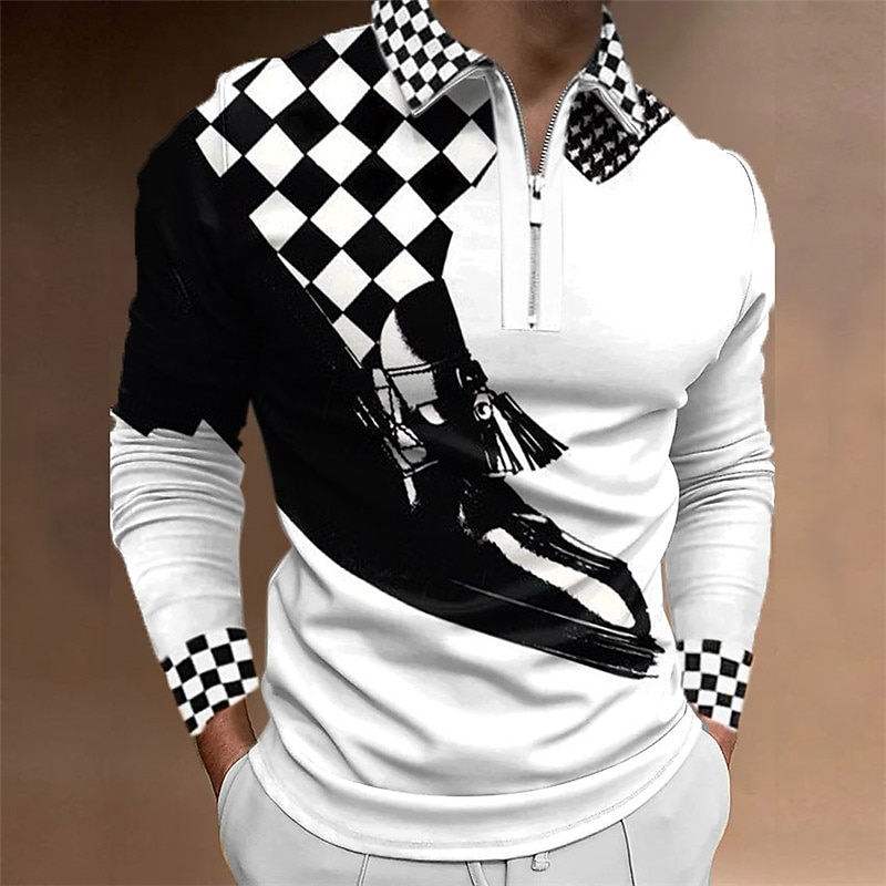 Music Festival Men's Plaid Music Zip Polo Shirts Golf Shirt Long Sleeve Polo Shirts Collared Shirts Casual Vacation Wear Festival Wear Party Outfits 3D Print Quarter Zip Polo Black Yellow Red