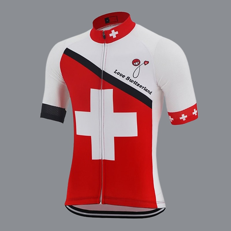 Men's Cycling Jersey Patterned Switzerland Denmark Short Sleeve Bike Jersey Top with 3 Rear Pockets Mountain Bike MTB Road Bike Cycling UV Resistant Quick Dry Reflective Strips Back Pocket Sports Red