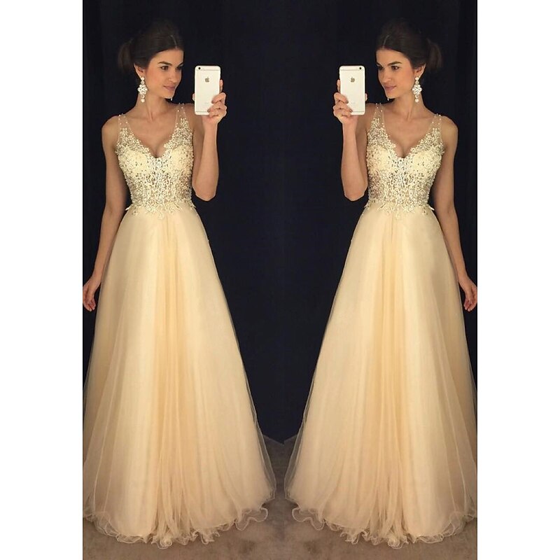 A-Line Gold Prom Dresses Sequin Dress Formal Wedding Guest Floor Length Sleeveless V Neck Tulle V Back with Beading Appliques2