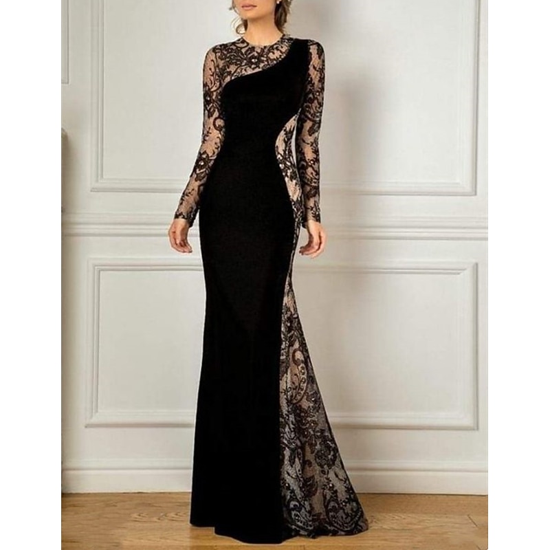 Mermaid Mother of the Bride Dress Wedding Guest Formal Evening Elegant Party Jewel Neck Floor Length Lace Velvet Long Sleeve No with Appliques Color Block - Main Image