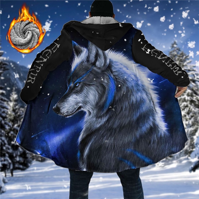Men's Winter Coat Fleece Jacket Coat Sports & Outdoor Daily Wear Warm Breathable Zipper Pocket Fall & Winter Animal Wolf Fashion Streetwear Hoodie Long Regular Fit Black Yellow Blue Purple Green4