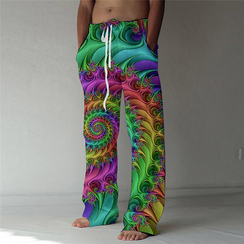 Men's Trousers Summer Pants Beach Pants Drawstring Elastic Waist Straight Leg Abstract Graphic Prints Comfort Breathable Casual Daily Holiday Streetwear Designer Green Rainbow3