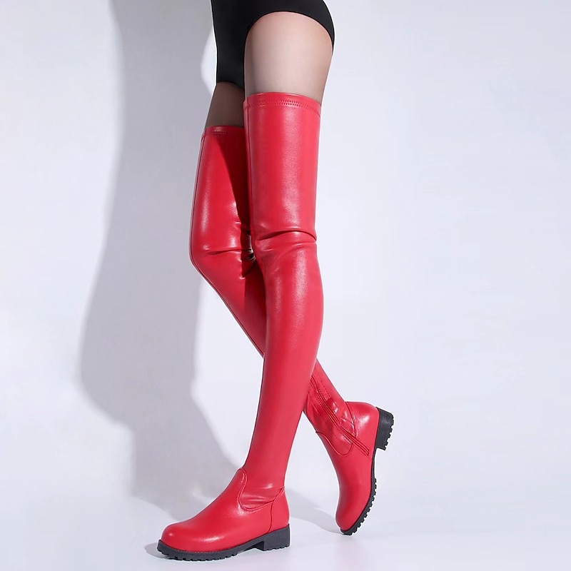 Women's Black Over-the-Knee Faux Leather Boots with Low Heel – Stylish Zip-Up Thigh High Boots for Fall and Winter Streetwear or Night Out4