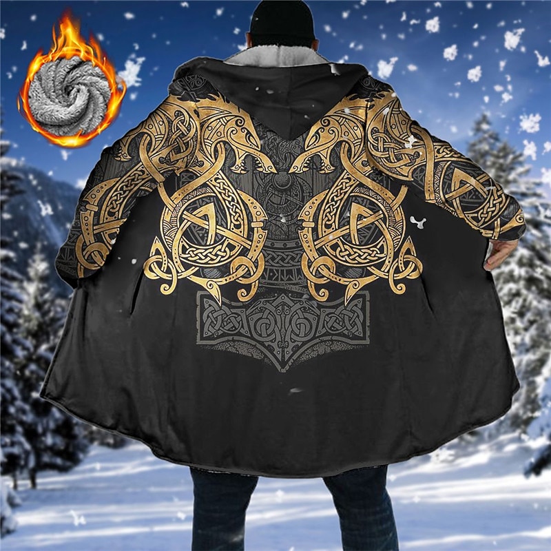 Men's Winter Coat Fleece Jacket Coat Sports & Outdoor Daily Wear Warm Breathable Zipper Pocket Fall & Winter Graphic Prints Totem Fashion Streetwear Hoodie Long Regular Fit Black Blue Purple Green