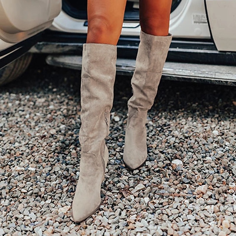 Women's Taupe Suede Knee-High Western Boots with Block Heel, Stylish Pointed Toe Boots for Casual and Outdoor Wear3