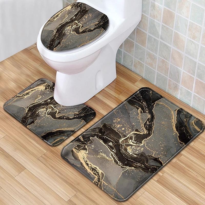 Set of 3 Pieces Bath Mat Non-slip Bathroom Rug, U Shaped Contour Rug & Toilet lid Cover, Marble Texture Bath mat, Non Slip & Soft Absorbent Polyester Carpet