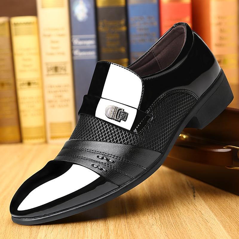 Men's Patent Faux Leather Dress Loafers – Formal Slip-On Shoes with Mesh Accents and Stylish Metal Buckle for Weddings and Business