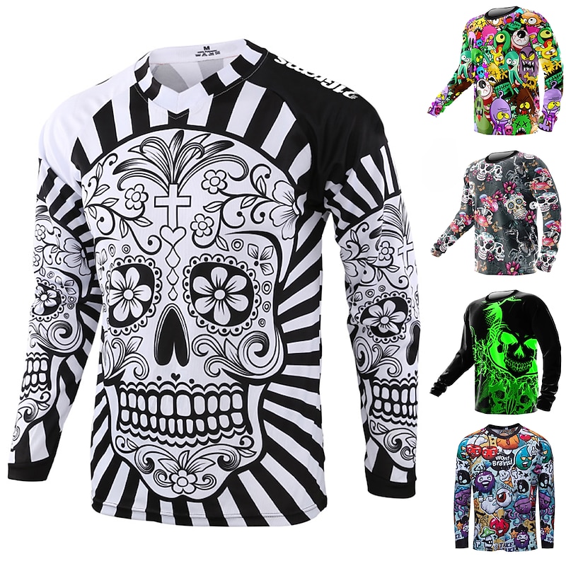 Men's Cycling Jersey Downhill Jersey Dirt Bike Jersey Skull Patterned Sugar Skull Long Sleeve Bike Jersey Top with 3 Rear Pockets Mountain Bike MTB Road Bike Cycling Thermal Warm UV Resistant Cycling