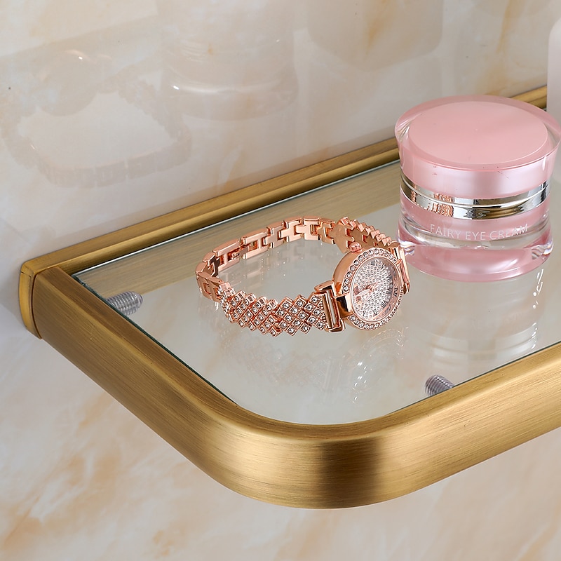 Bathroom Wall Mounted Single Layer Rectangle Glass Shelf Antique Brass Finish Bathroom Storage Bathroom Accessories Holder3