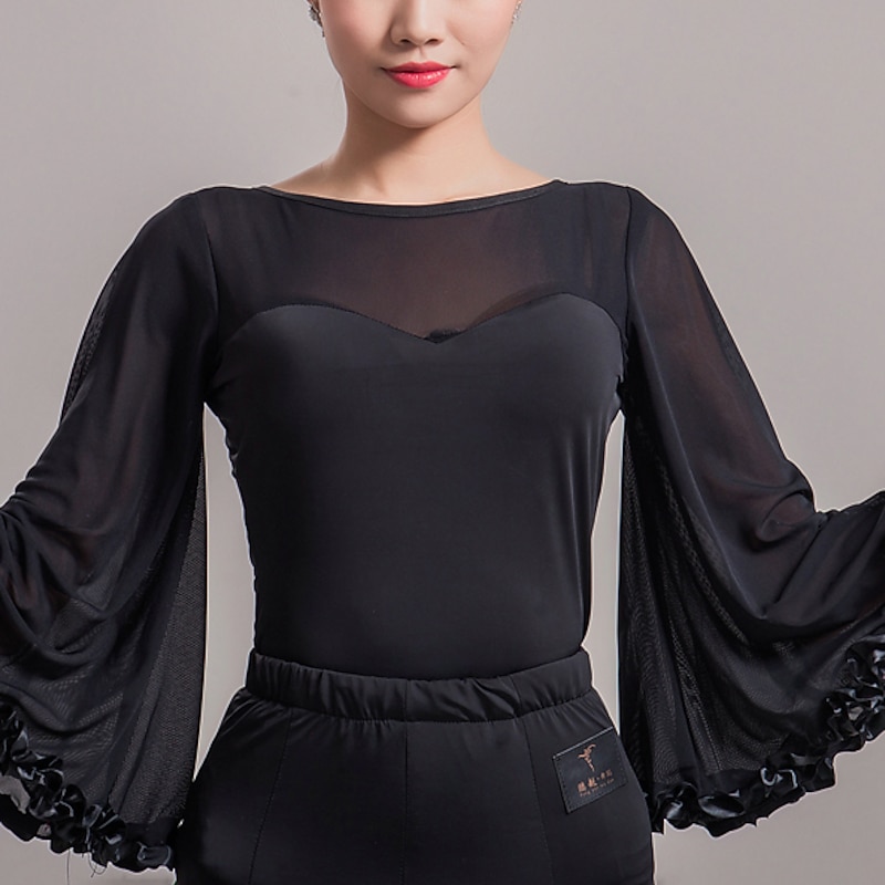 Latin Dance Ballroom Dance Top Pure Color Splicing Women's Performance Training 3/4 Length Sleeve Mesh Ice Silk